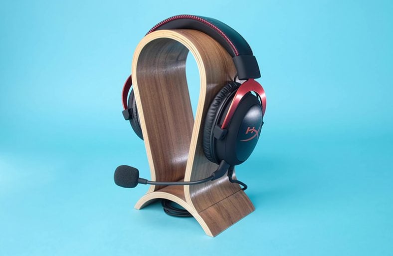 Black HyperX Cloud II on wooden headphone stand