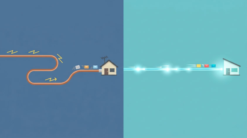 Illustration comparing copper broadband and fiber optic internet