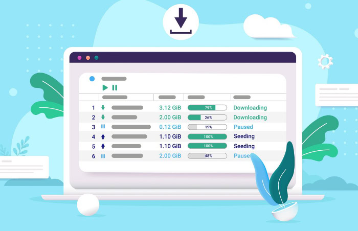 Illustration of seedbox interface showing downloading and seeding progress