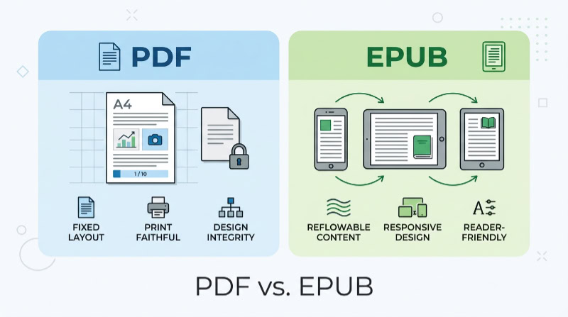 Infographic comparing PDF and EPUB file format features