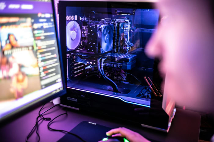 Inside a custom gaming PC with purple lighting