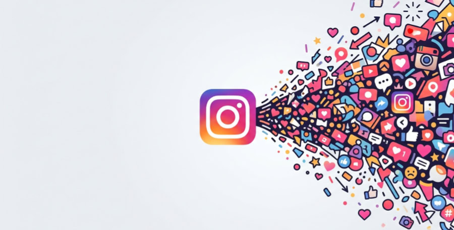 Instagram logo bursting with colorful social media engagement icons