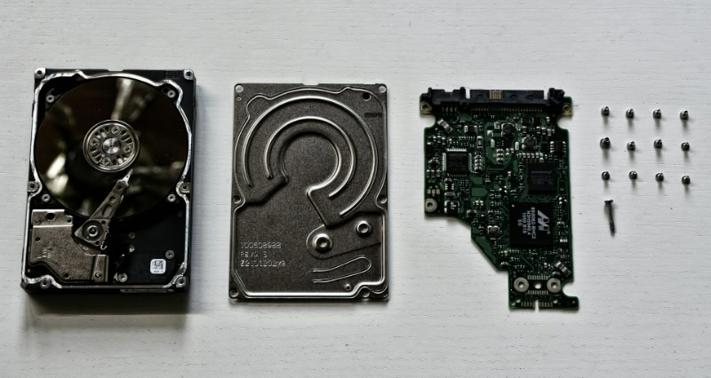 Internal components of a disassembled computer hard drive