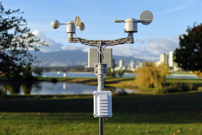 IoT weather sensor station in a city park