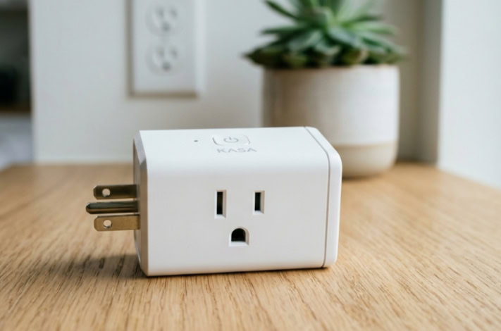 Kasa smart plug resting on wooden table