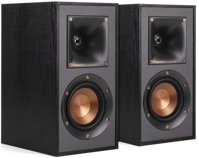 Pair of black Klipsch R-41M on white background