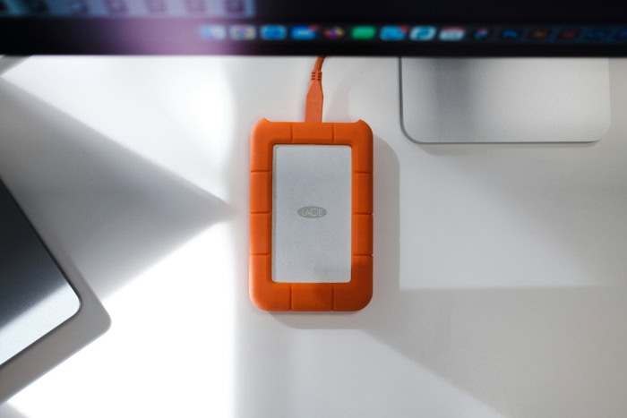 LaCie Rugged portable hard drive on a desk