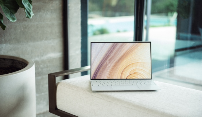 Laptop on a white bench with plant decor