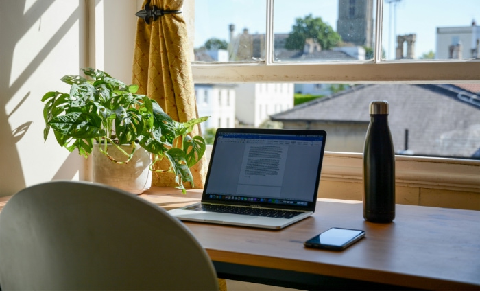 Laptop open on a wooden desk near a window with a view and a potted plant