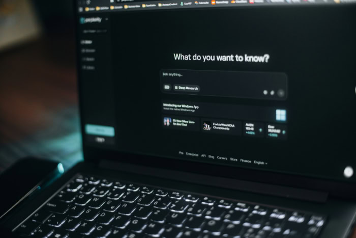 Laptop screen displaying Perplexity AI search engine interface