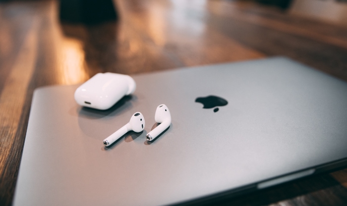 Macbook close up on wooden table