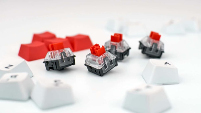 Mechanical keyboard red switches on white background