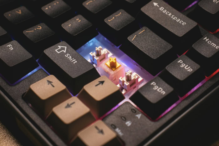 Mechanical keyboard switch close up under removed keycaps