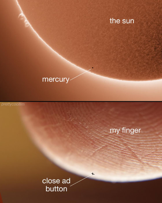 Meme comparing Sun size to tiny close ad button