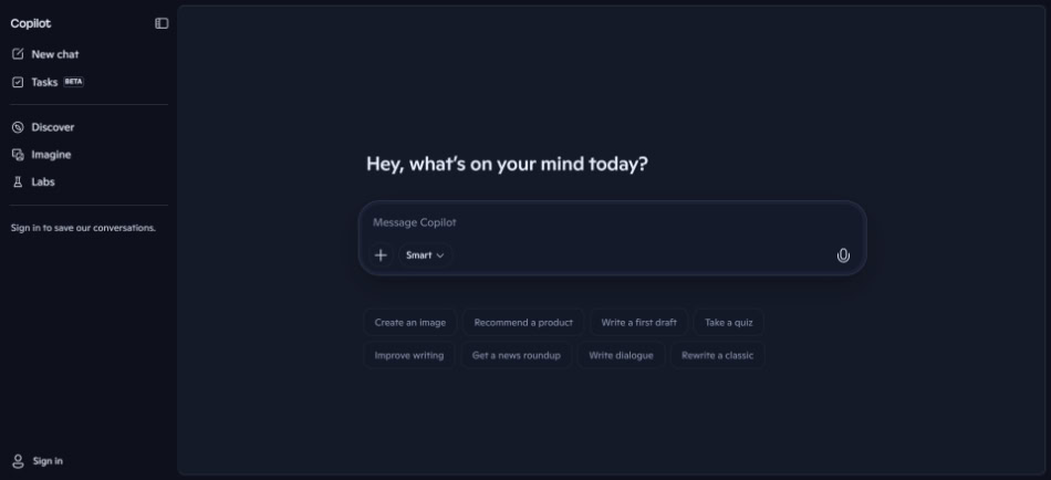 Microsoft Copilot web chat interface