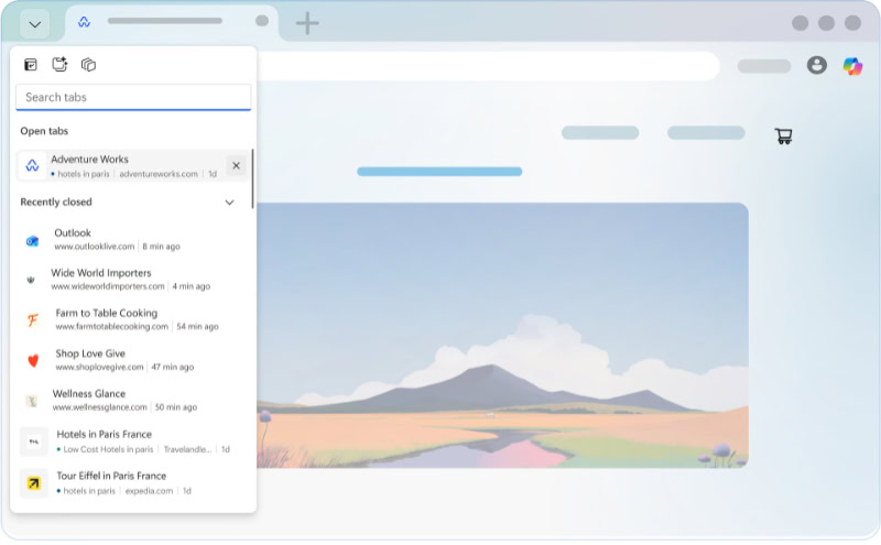 Microsoft Edge browser sidebar showing open tab list