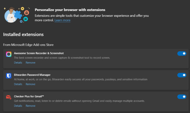 Microsoft Edge menu displaying list of installed