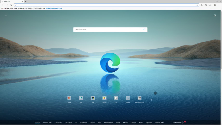 Microsoft Edge new tab page with search bar