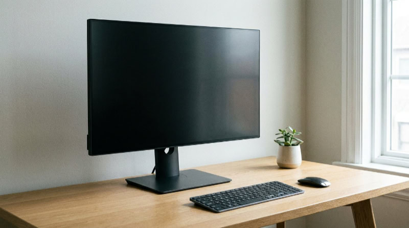 Minimalist desk setup with monitor keyboard and mouse