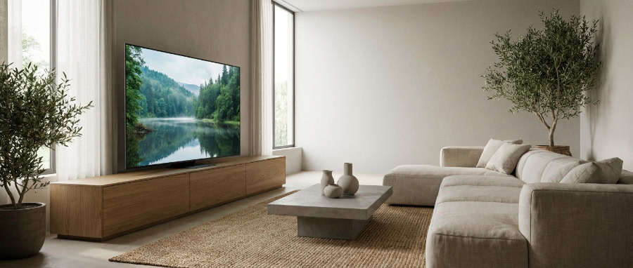 Minimalist living room with large TV and beige sofa