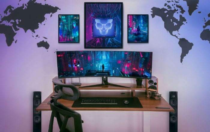 Modern desk setup with curved monitor and office chair