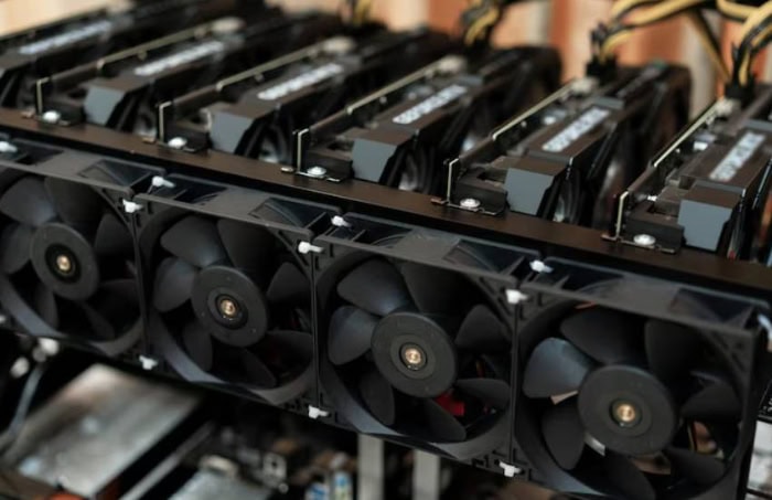 Multiple GPUs and cooling fans set up for cryptocurrency mining