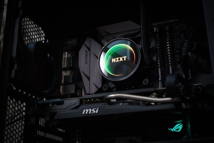 NZXT CPU cooler with RGB lighting inside gaming PC