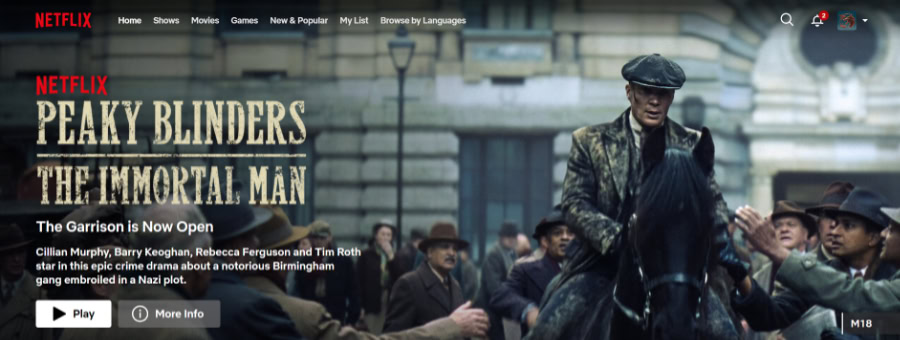 Netflix home screen banner for Peaky Blinders film
