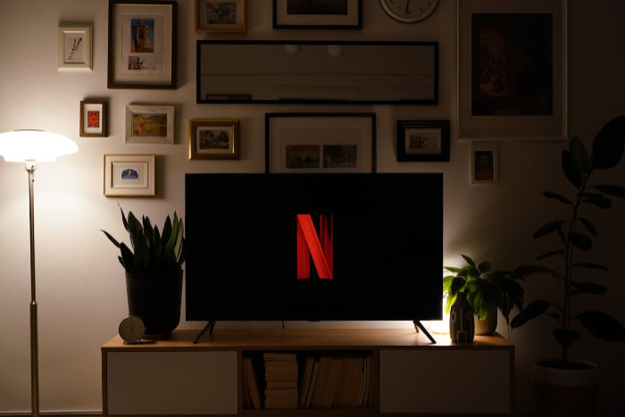 Netflix logo displayed on TV in cozy living room