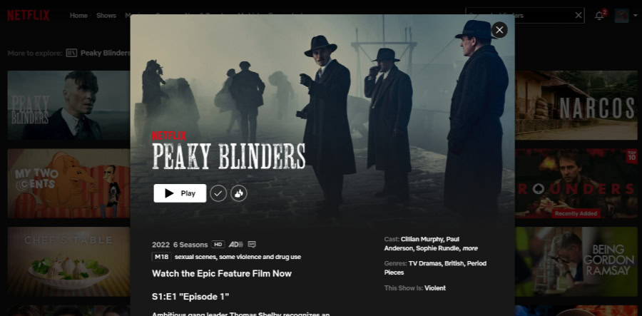 Netflix popup screen displaying Peaky Blinders show details
