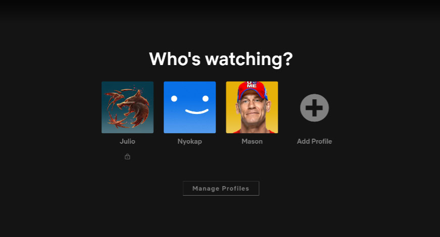 Netflix profile selection screen showing three user accounts
