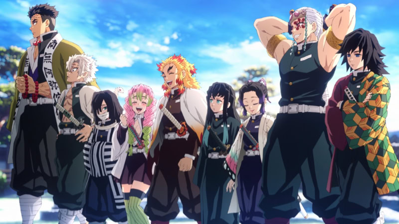 Nine Hashira characters standing together from Demon Slayer