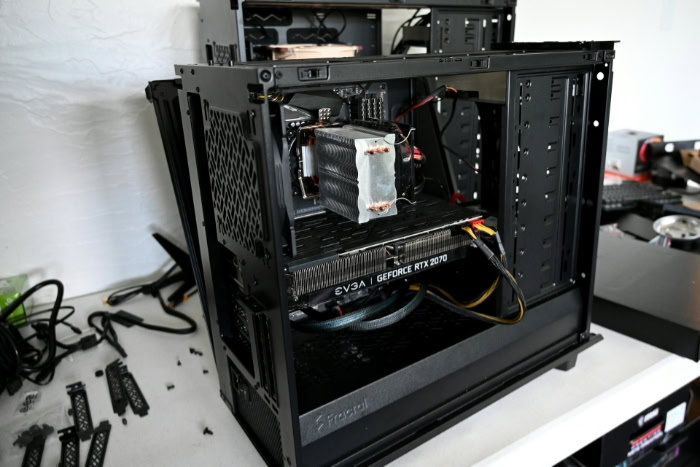Open PC case with visible graphics card and components