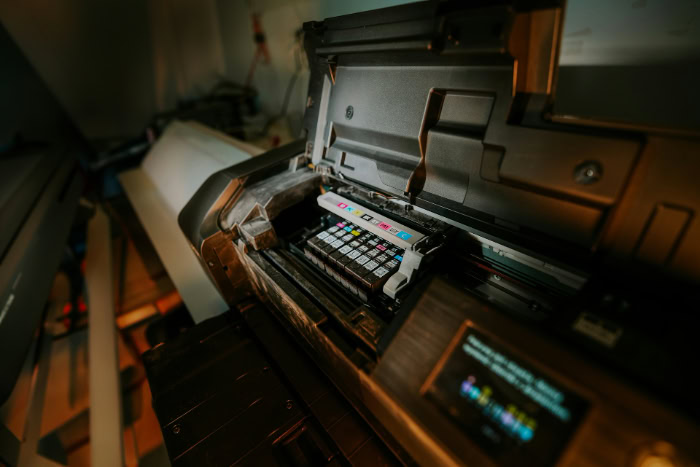 Open large format photo printer with ink cartridges