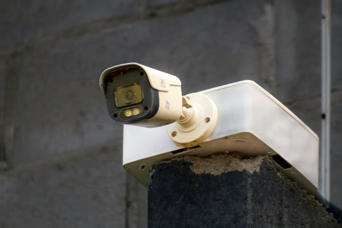 Outdoor CCTV security camera mounted on concrete wall