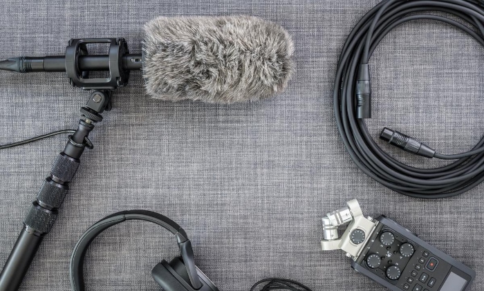 Overhead shot of pro audio recording equipment and mic