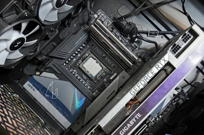 Overhead view of PC build with GPU and CPU cooling system