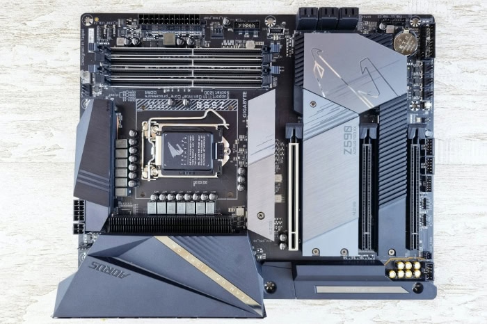 Overhead view of a Gigabyte Z590 AORUS motherboard