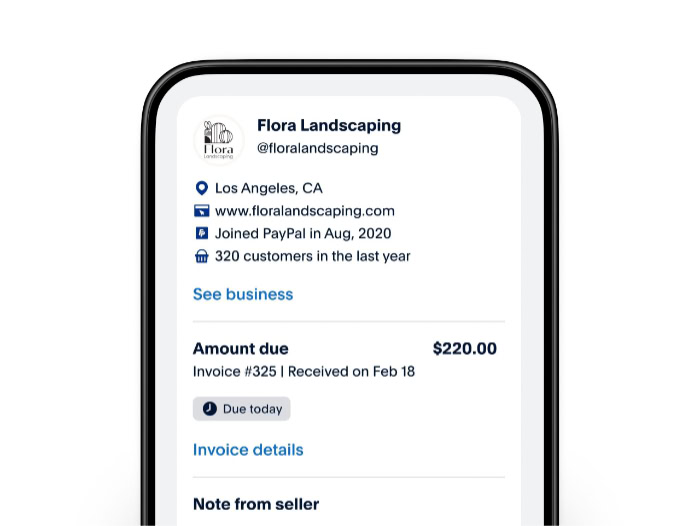 PayPal invoice for Flora Landscaping on mobile screen
