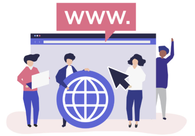 People choosing a domain name with browser and globe