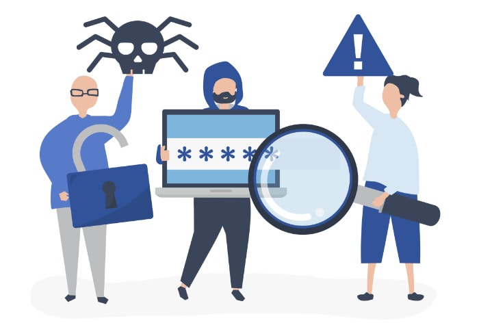 People depicting malware risks with icons and alerts