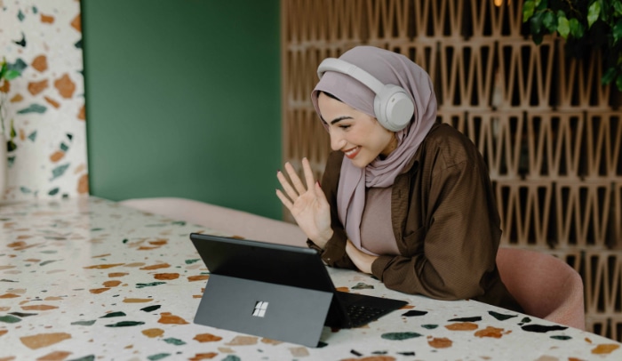 Woman video call on microsoft surface