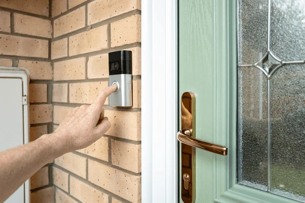 Person pressing the button on a video doorbell