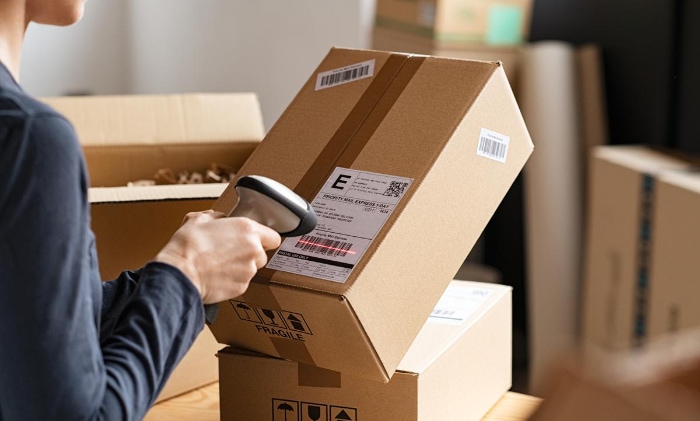 Person scanning barcode on delivery parcel