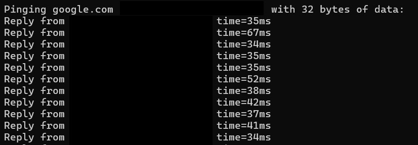 Ping command output shows response times from Google