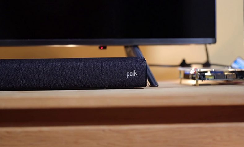 Black Polk Audio Signa S2 in front of TV
