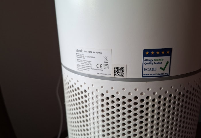 Product specifications label on Levoit Core 300 air purifier