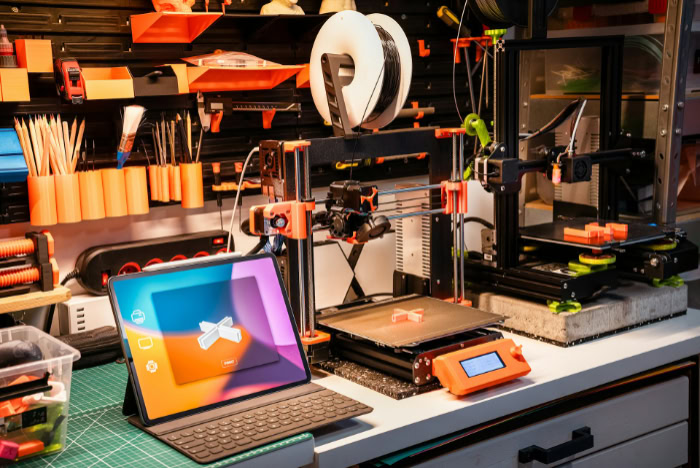 Professional 3D printer workspace with design tablet