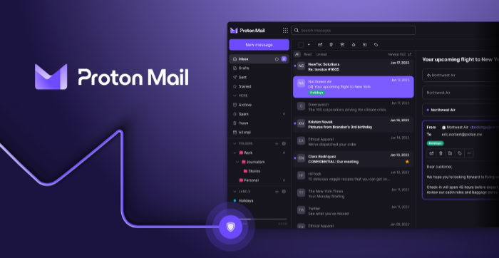 Proton mail interface with inbox and message preview