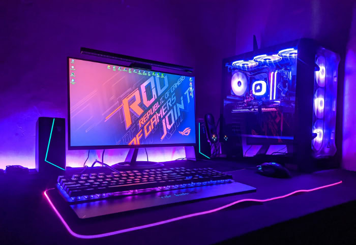 RGB gaming setup with transparent PC case